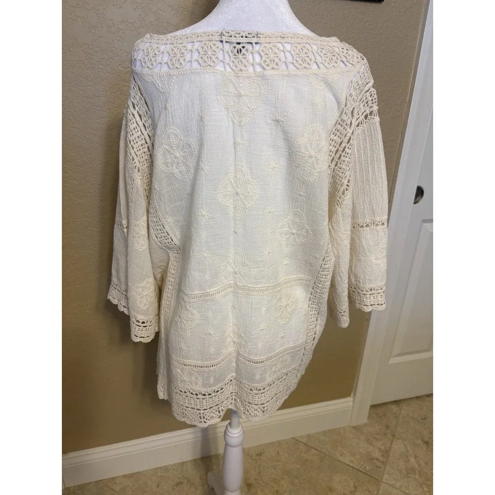 Democracy Cream 3/4 Sleeve Crochet And Lace Top, Size Medium, Boho